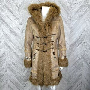 Vintage Y2K 90s Penny Lane Afghan Coat Size Medium Faux Fur Toggle Embroidered